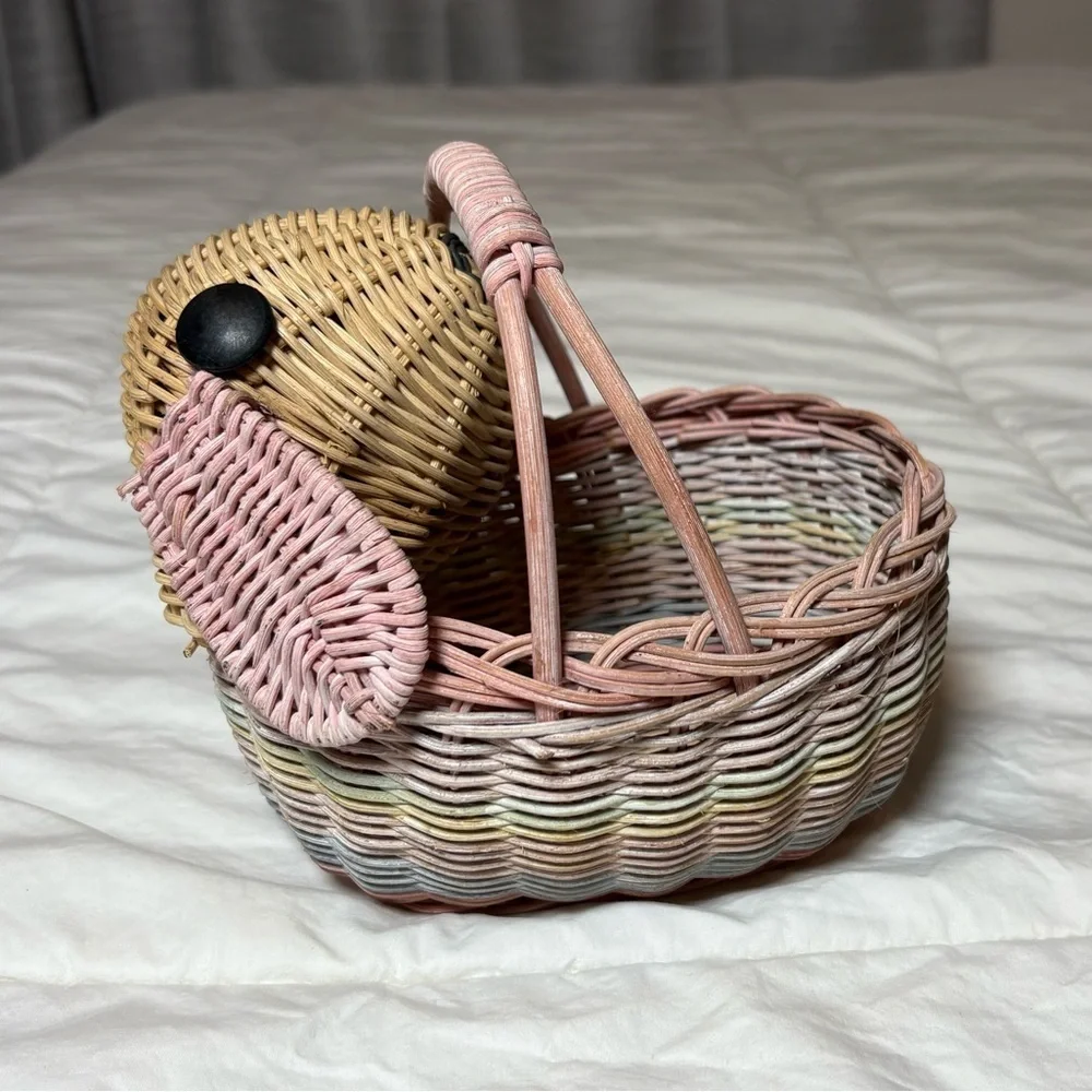 Vintage Woven Easter Bunny Basket with Pink, Blue, and Tan Accents